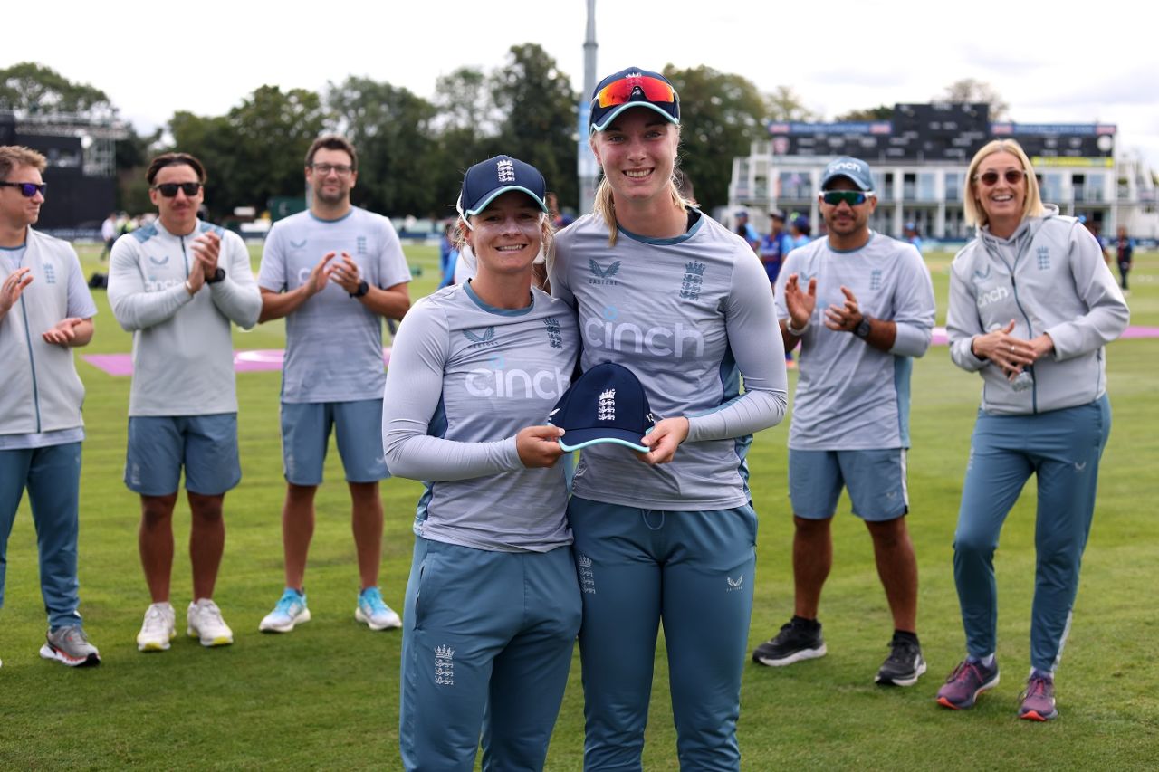 Freya Kemp receives her ODI cap from Danni Wyatt, England vs India, 2nd ODI, Canterbury, September 21, 2022