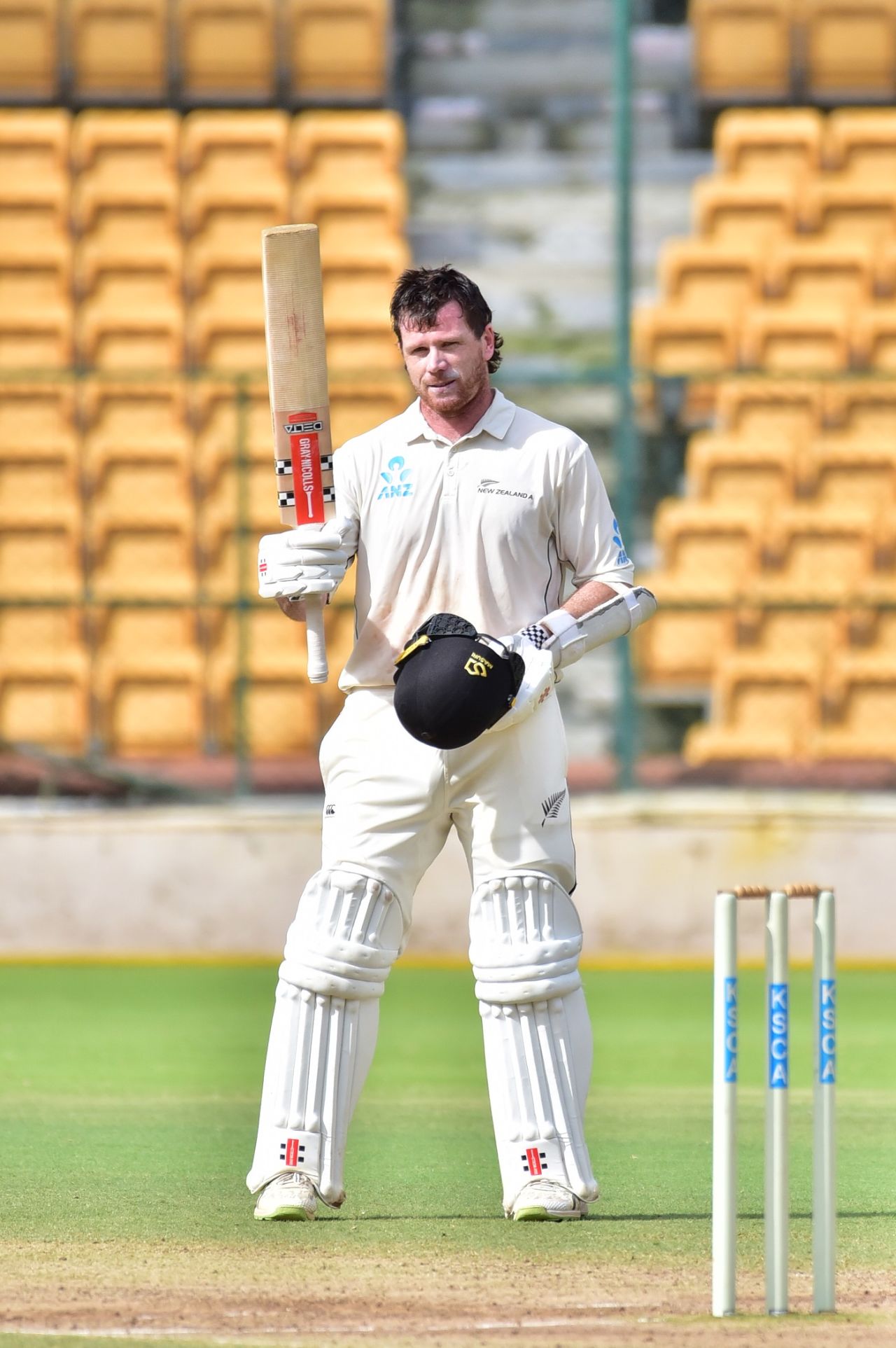 Joe Carter celebrates his hundred, India A vs New Zealand A, 3rd unofficial Test, Bengaluru, 4th day, September 18, 2022
