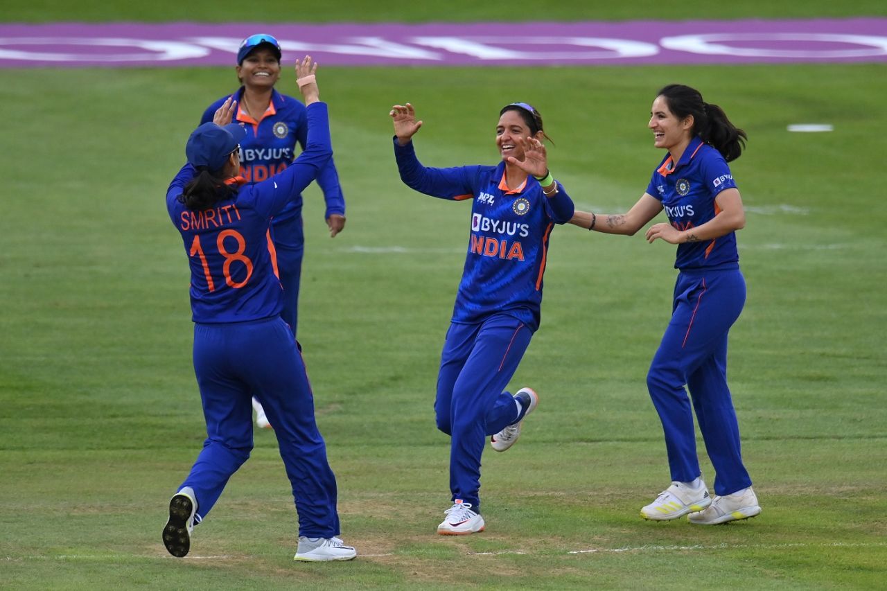 Harmanpreet Kaur celebrates with her team-mates after effecting a direct hit, England vs India, 2nd ODI, Canterbury, September 21, 2022