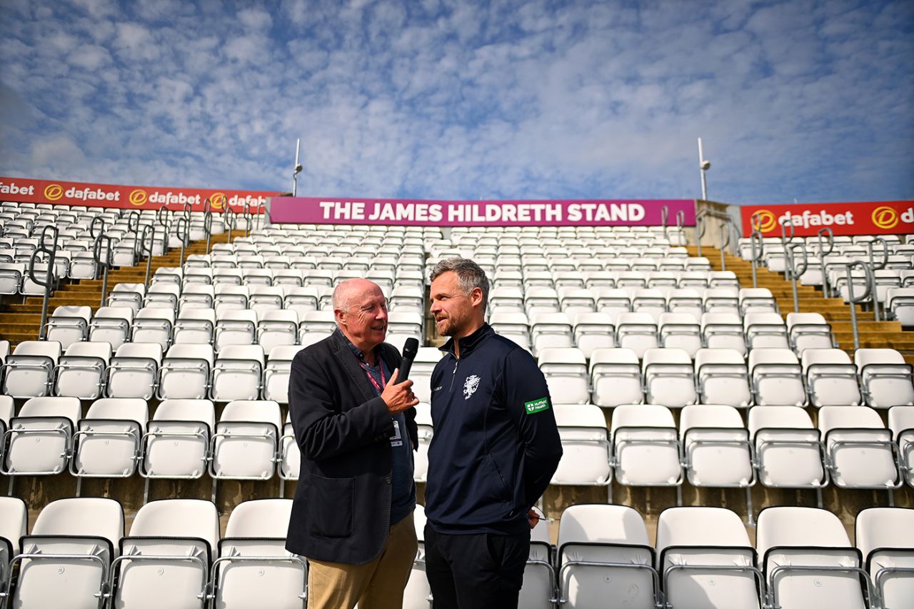 Vic Marks interviews James Hildreth in front of the James Hildreth Stand, Somerset vs Northamptonshire, LV= Insurance County Championship, Division One, Taunton, September 20, 2022