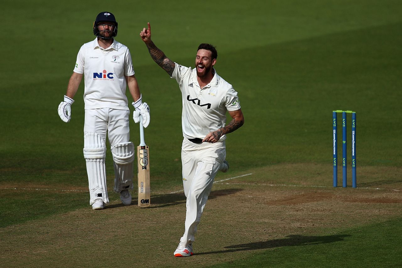 Jordan Clark celebrates a wicket, Surrey vs Yorkshire, LV= Insurance County Championship, Division One, The Oval, September 22, 2022