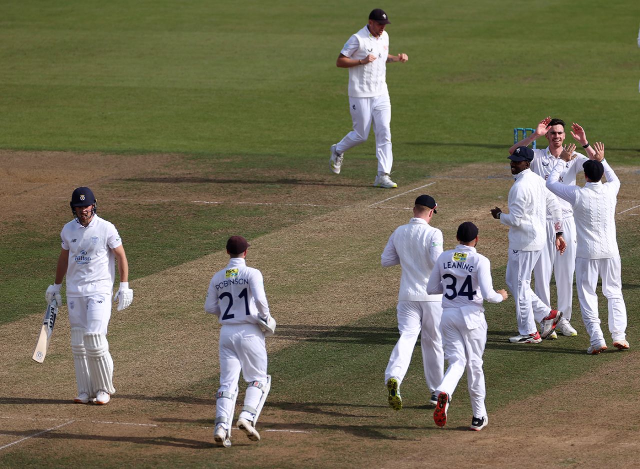 Nathan Gilchrist celebrates with team-mates after taking the wicket of Joe Weatherley, Hampshire vs Kent, County Championship, Division One, Ageas Bowl, September 22, 2022