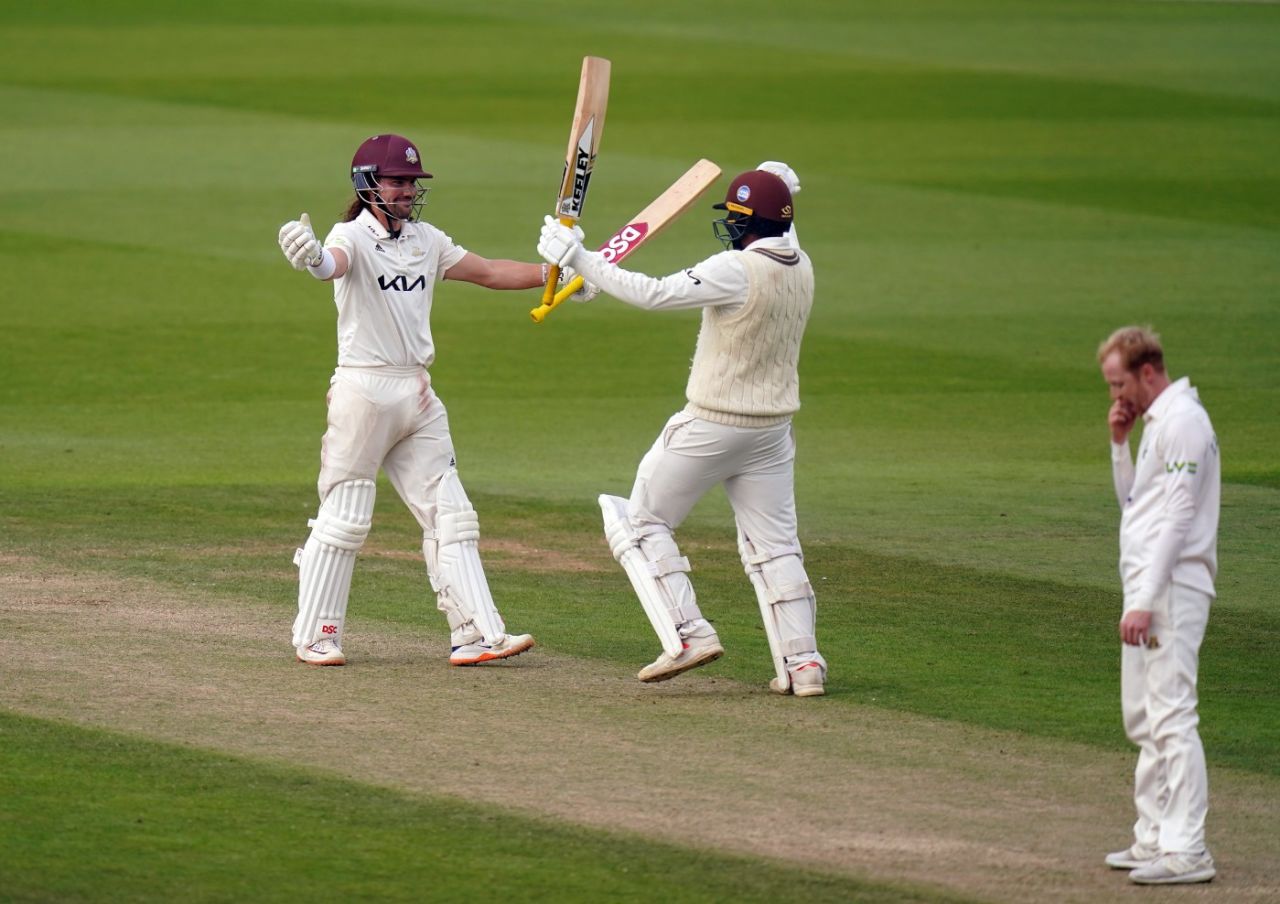 Rory Burns and Ryan Patel celebrate the moment of Championship victory, Surrey vs Yorkshire, LV= Insurance County Championship, Division One, The Oval, September 22, 2022