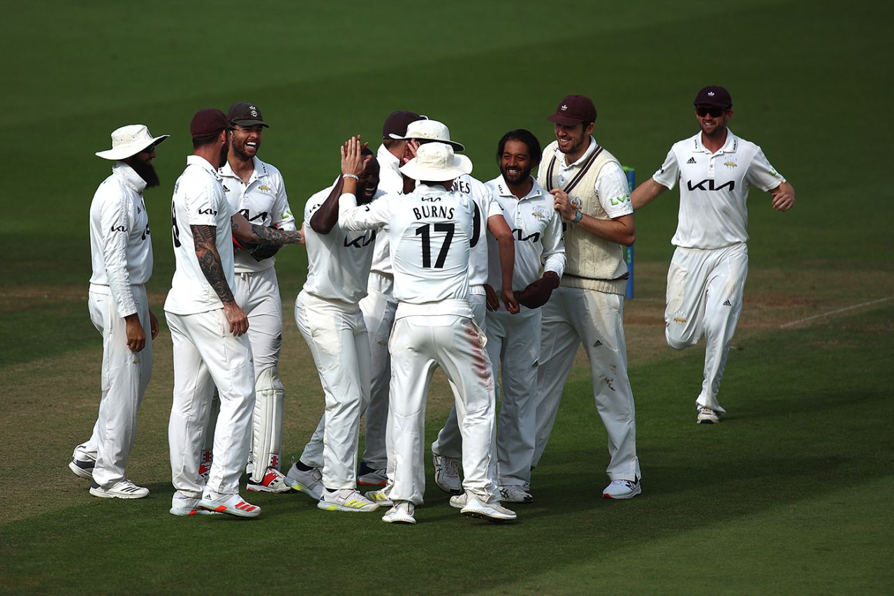 Kemar Roach is mobbed as Surrey close in on victory, Surrey vs Yorkshire, LV= Insurance County Championship, Division One, The Oval, September 22, 2022