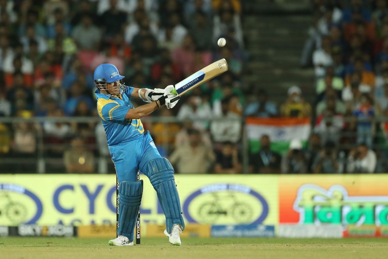 Sachin Tendulkar launches into a short ball, India Legends v England Legends, Road Safety World Series, Dehradun, September 22, 2022