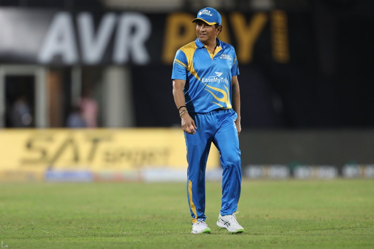 Sachin Tendulkar looks on while fielding, India Legends v England Legends, Road Safety World Series, Dehradun, September 22, 2022