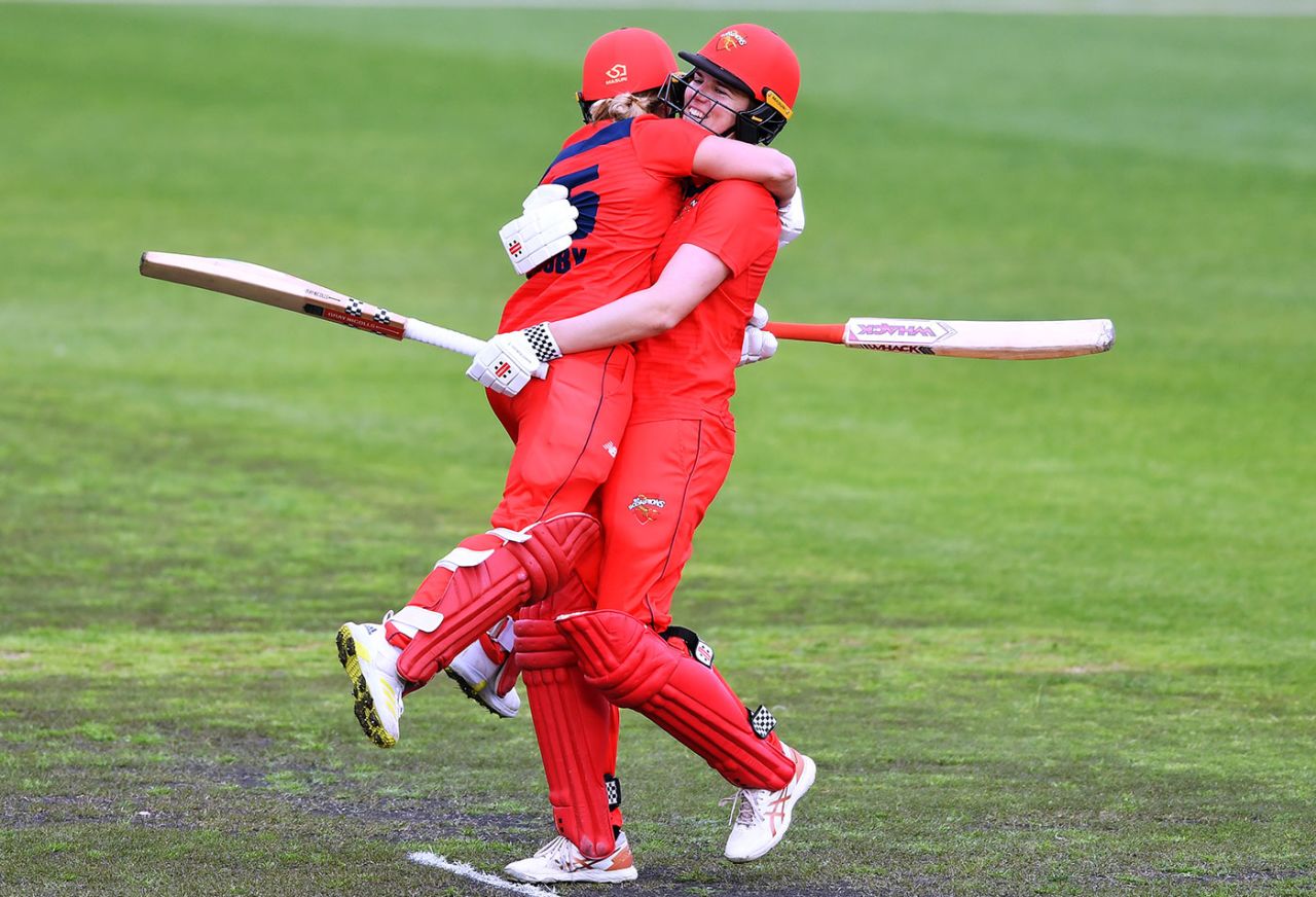 Tahlia McGrath celebrates victory with Jemma Barsby, South Australia vs Victoria, WNCL, Karen Rolton Oval, September 23, 2022