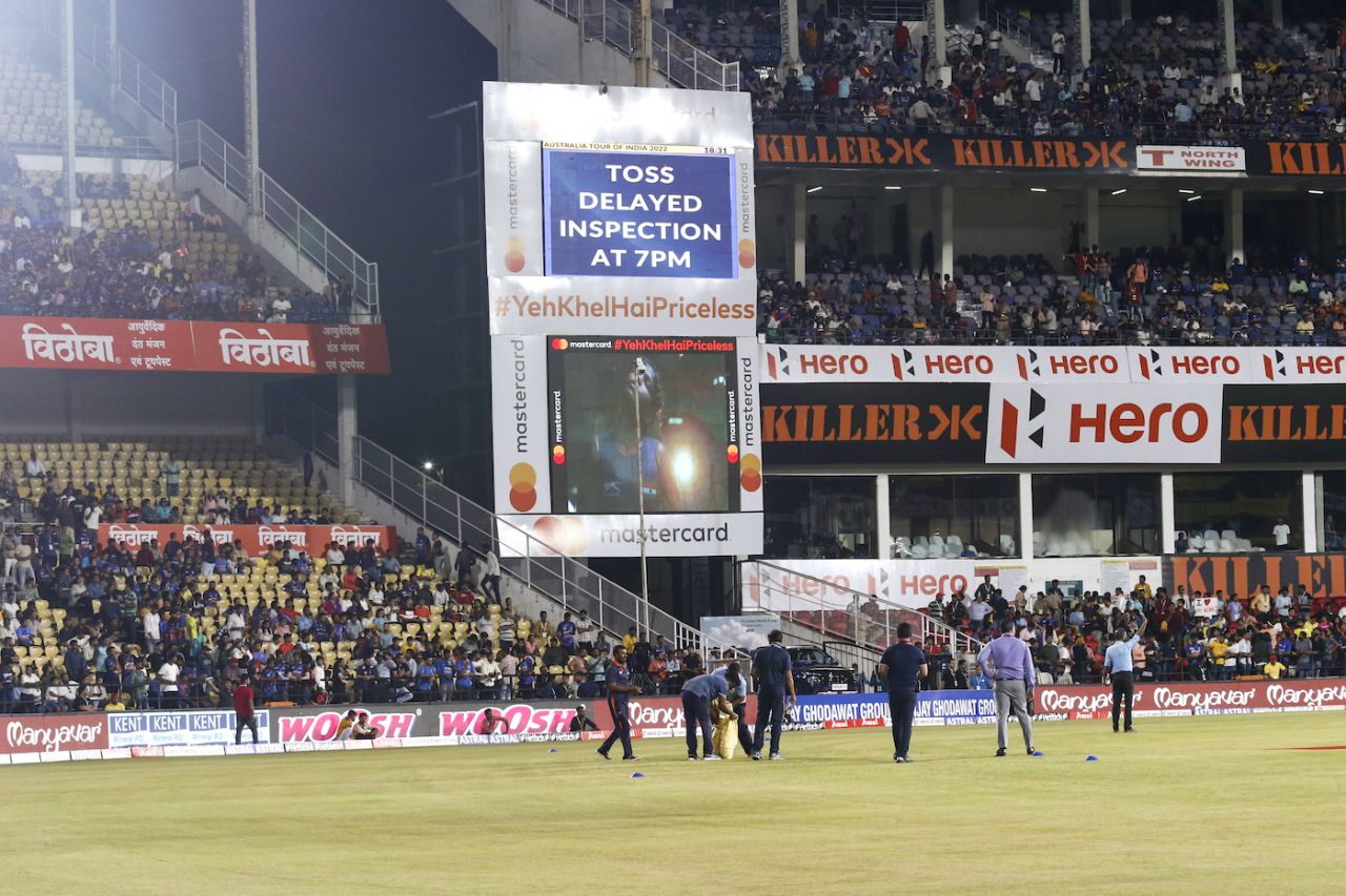 Members of the ground staff work on drying up the outfield, India vs Australia, 2nd T20I, Nagpur, September 23, 2022