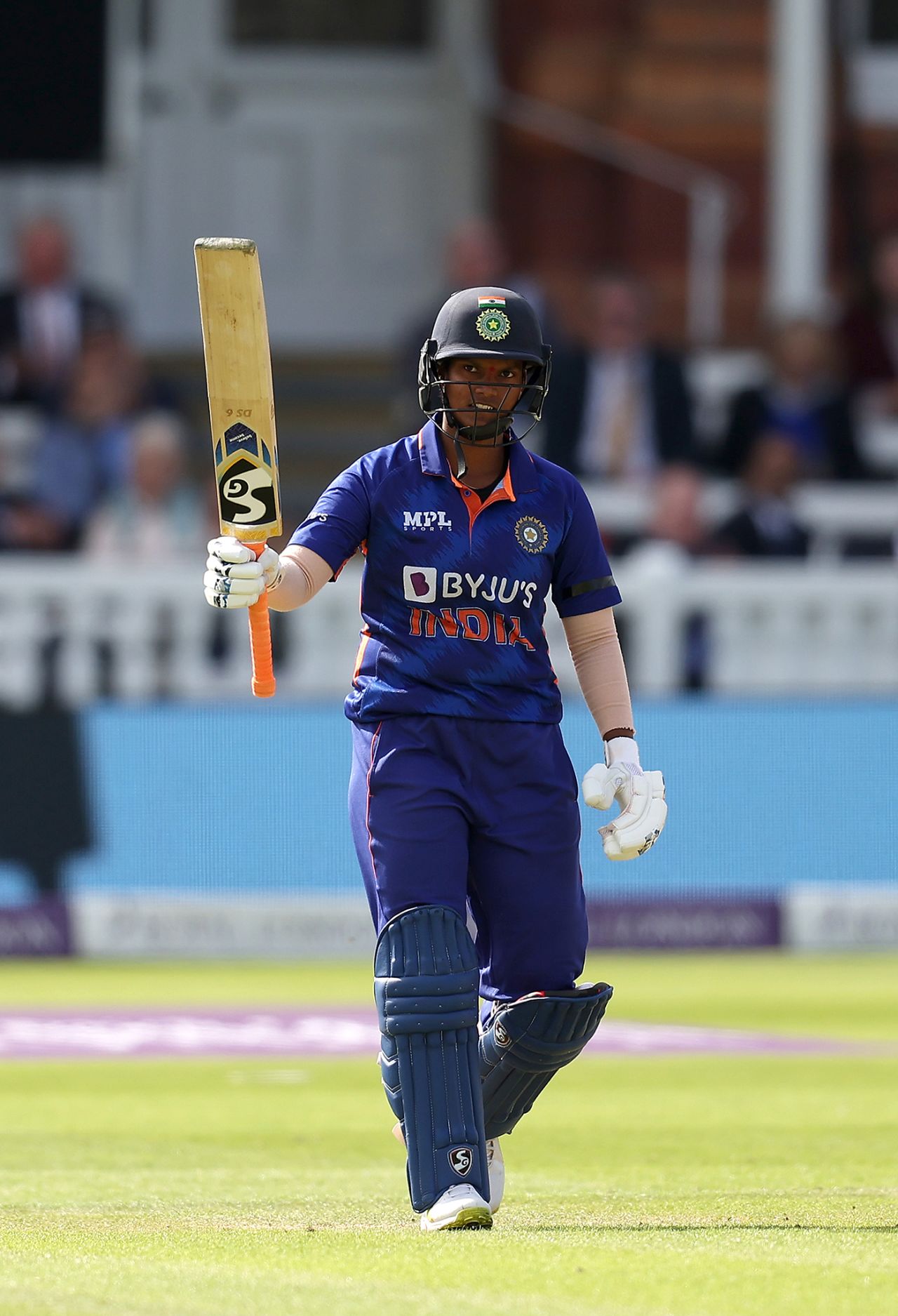 Deepti Sharma raises her bat on reaching fifty, England vs India, 3rd women's ODI, Lord's, September 24, 2022