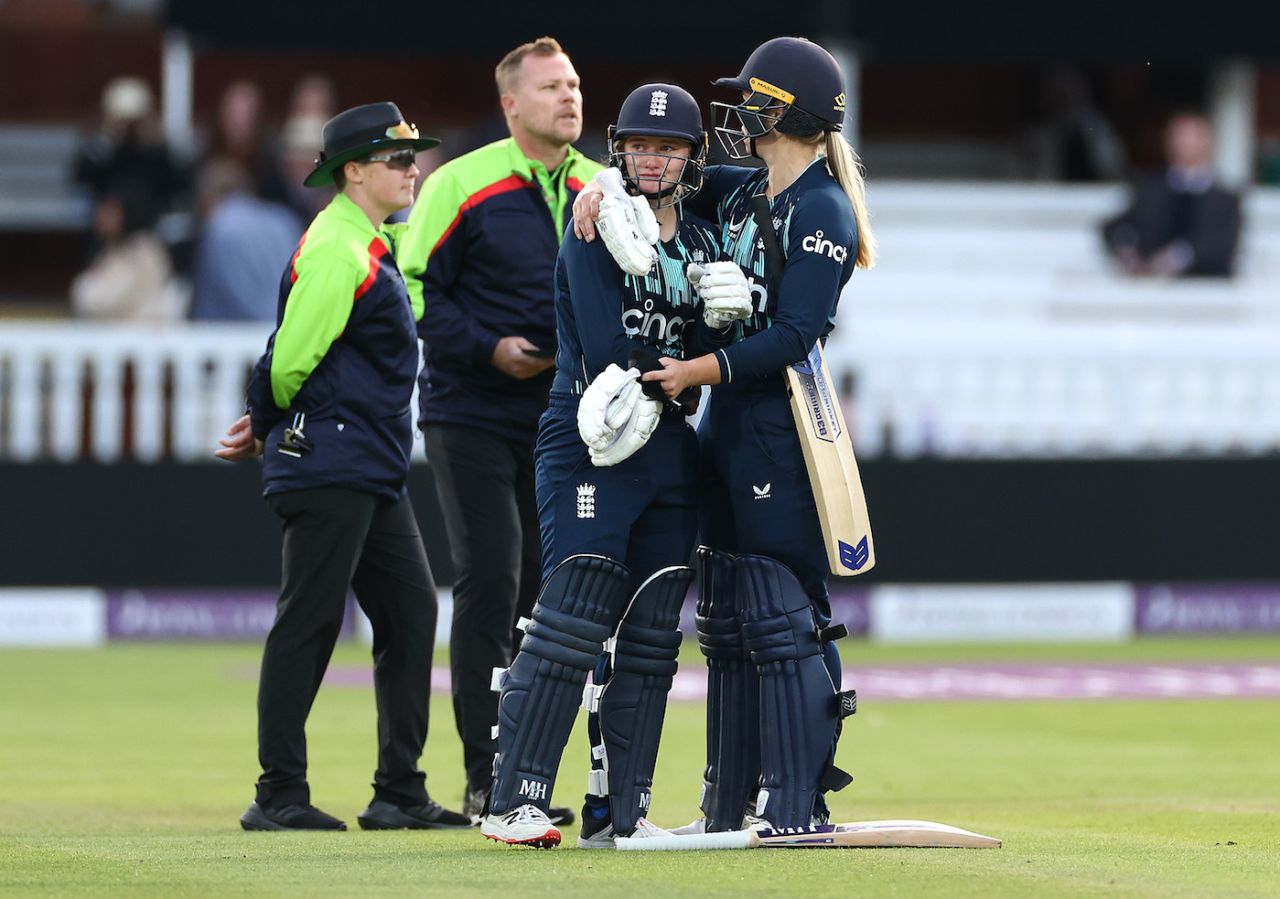 Charlie Dean is consoled by Freya Davies after her dismissal, England vs India, 3rd ODI, Lord's, London, September 24, 2022 