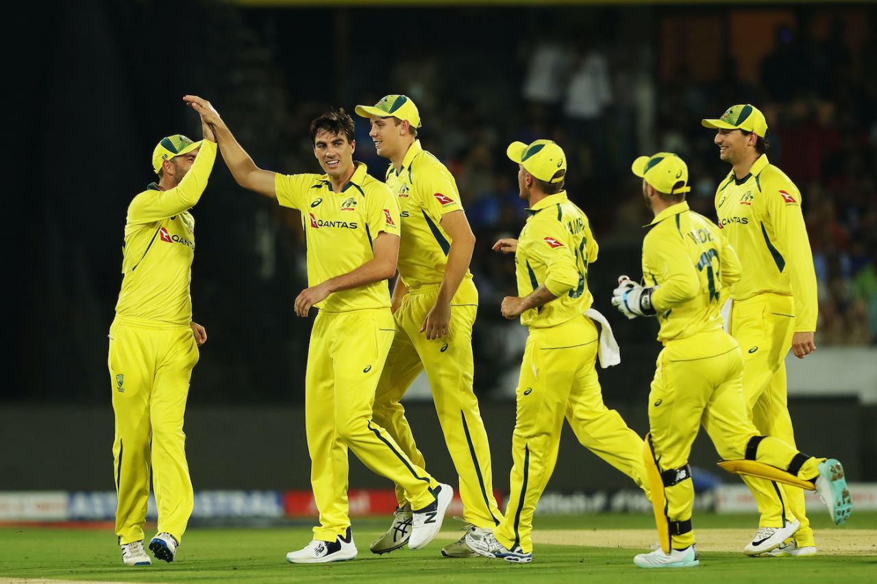 Pat Cummins celebrates after removing Rohit Sharma, India vs Australia, 3rd T20I, Hyderabad, September 25, 2022