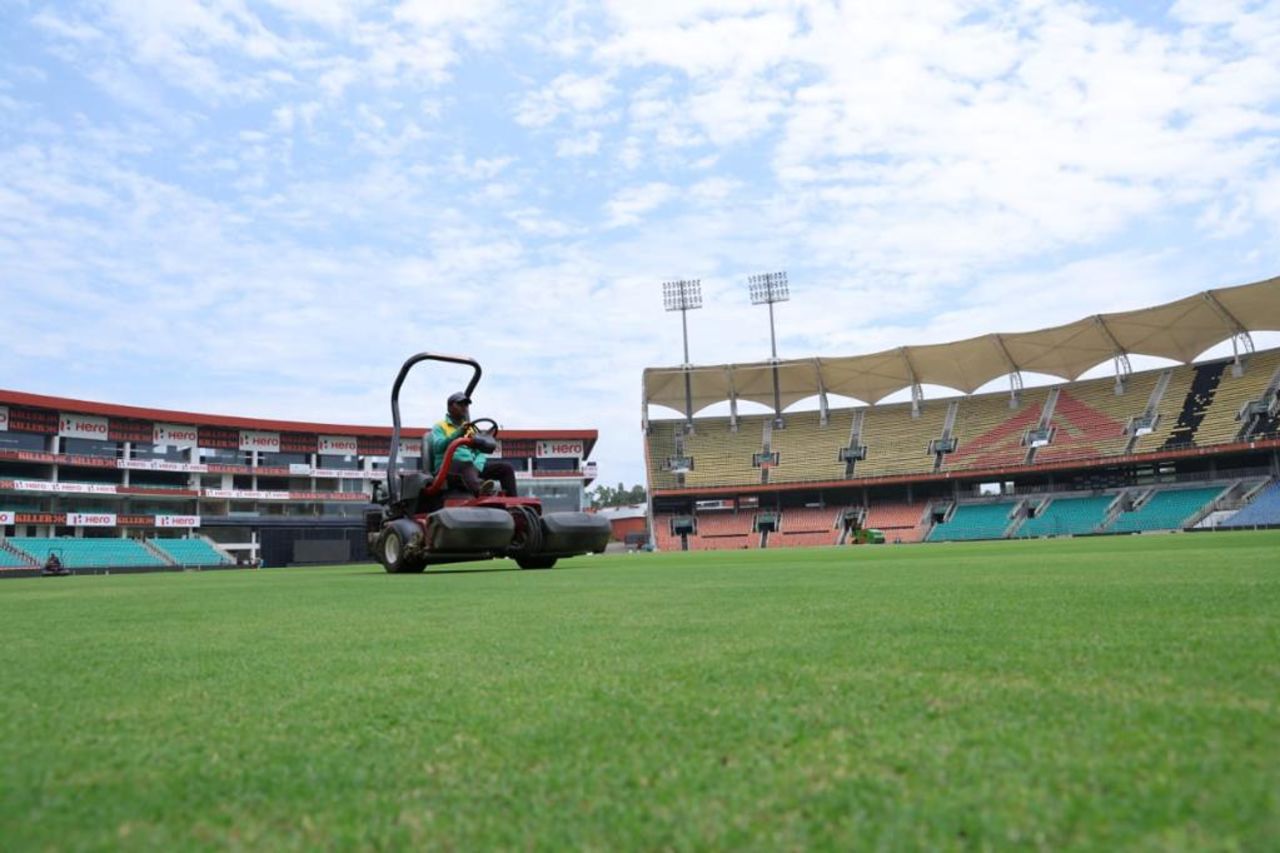 Groundspersons get the Greenfield International Stadium ready, Thiruvananthapuram, September 25, 2022