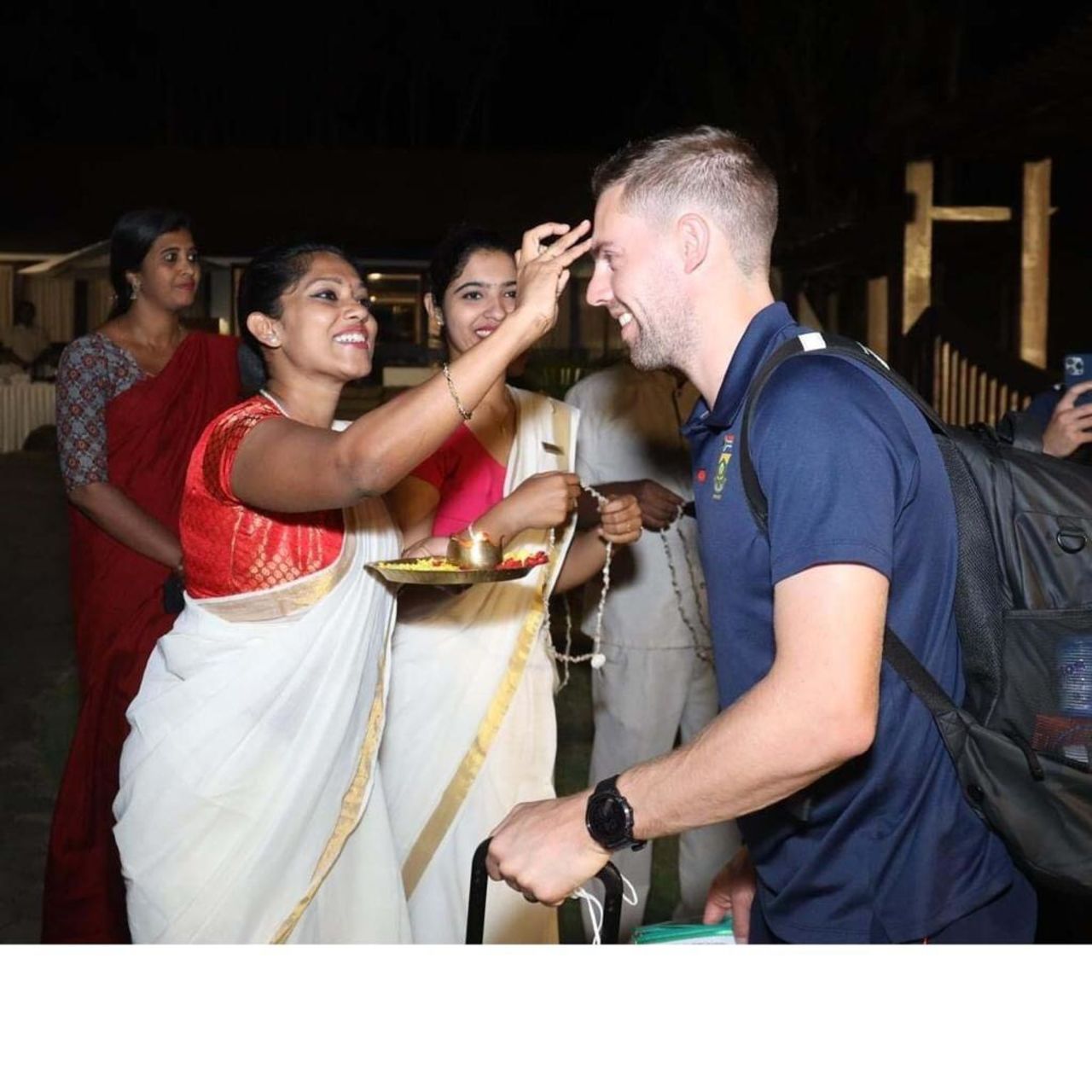 Anrich Nortje gets a traditional welcome at the team hotel, Thiruvananthapuram, September 25, 2022
