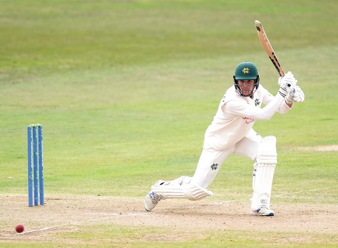 Matthew Montgomery gets forward to drive, Nottinghamshire vs Durham, County Championship, Division Two, Trent Bridge, September 26, 2022