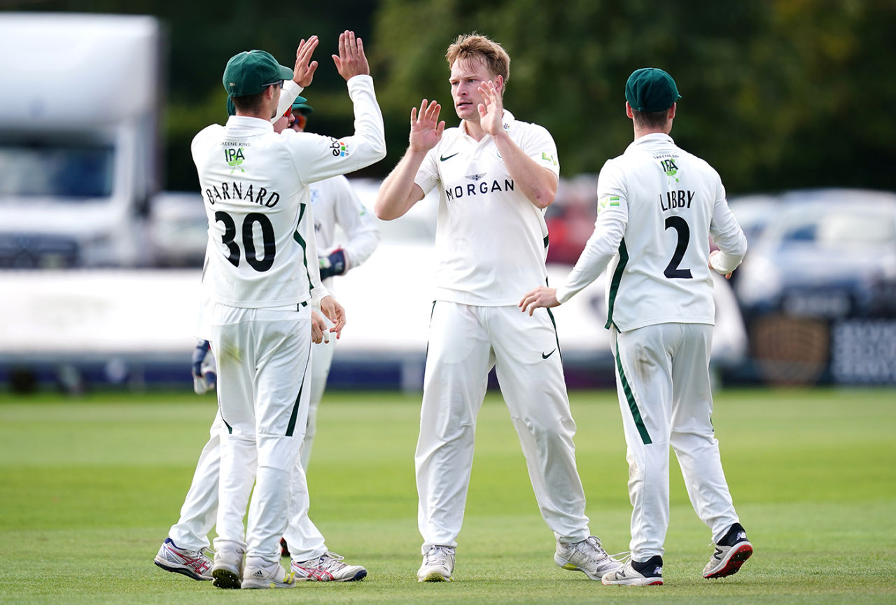 Matt Waite celebrates a breakthrough, Worcestershire vs Middlesex, County Championship, Division Two, New Road, September 28, 2022