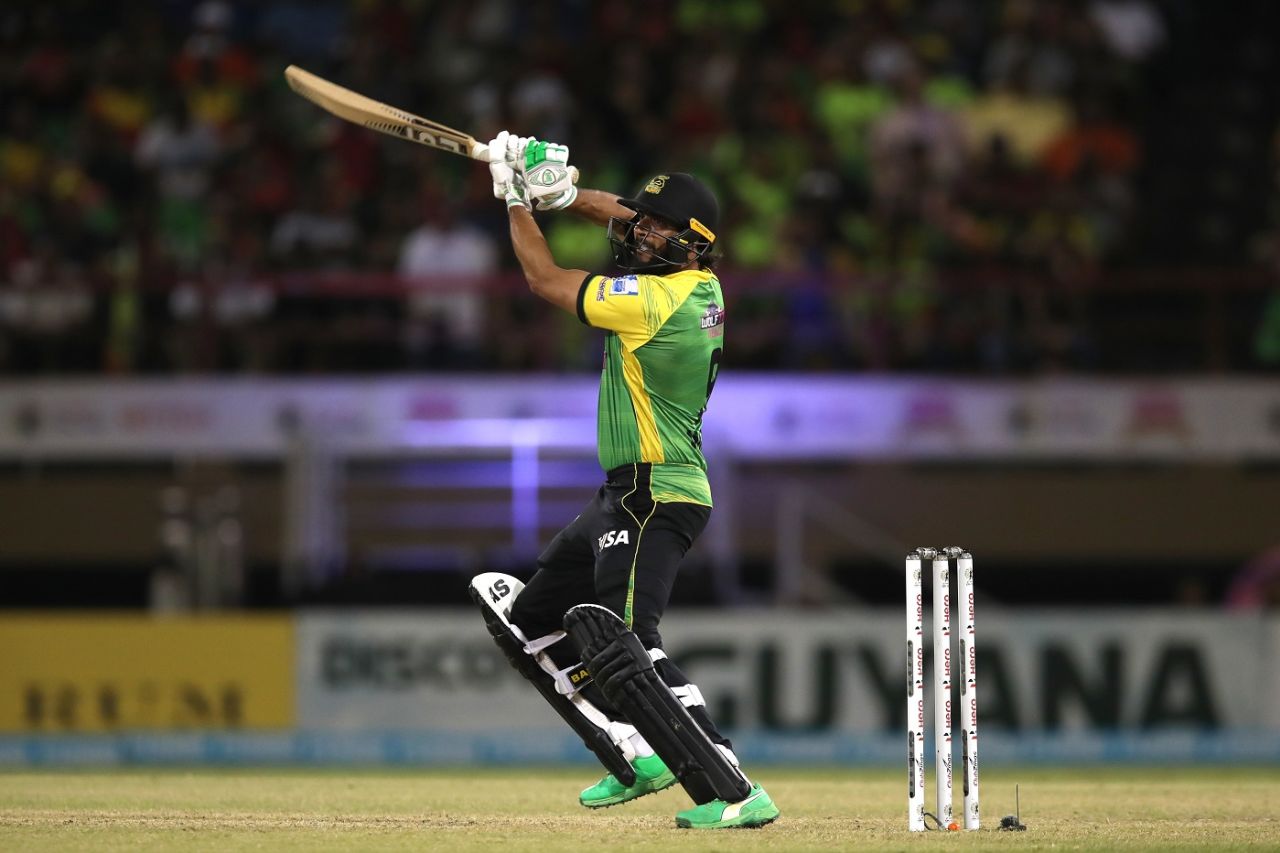 Imad Wasim hits one during his 15-ball 41 not out, Jamaica Tallawahs vs Guyana Amazon Warriors, CPL 2022, Qualifier 2, Providence, September 28, 2022