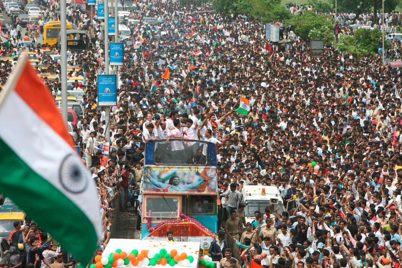 India's World Twenty20-winning team during an open-top bus parade through Mumbai, 26 September 2007