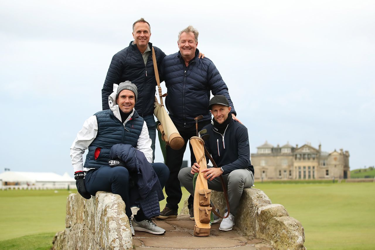 Kevin Pietersen, Michael Vaughan, Piers Morgan and Joe Root at the Alfred Dunhill Links Championship, St Andrews, September 29, 2022