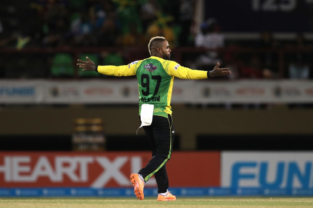 Fabian Allen celebrates after taking a wicket, Barbados Royals vs Jamaica Tallawahs, Providence, CPL 2022, October 1, 2022
