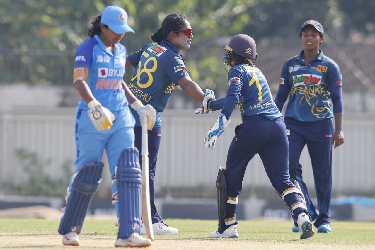Chamari Athapaththu celebrates after getting rid of Jemimah Rodrigues, India vs Sri Lanka, Women's Asia Cup, Sylhet, October 1, 2022