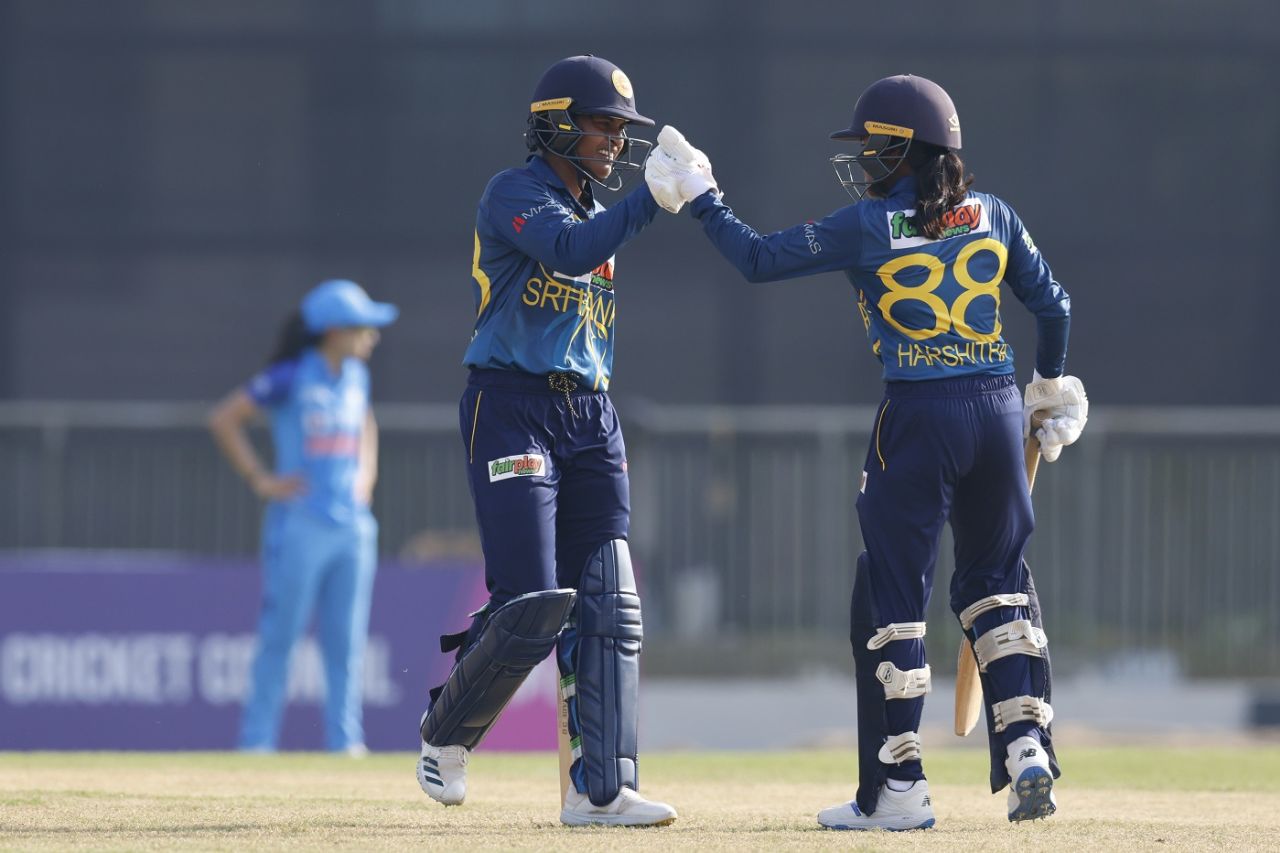 Malsha Shehani and Harshitha Samarawickrama pat gloves, India vs Sri Lanka, Women's Asia Cup, Sylhet, October 1, 2022