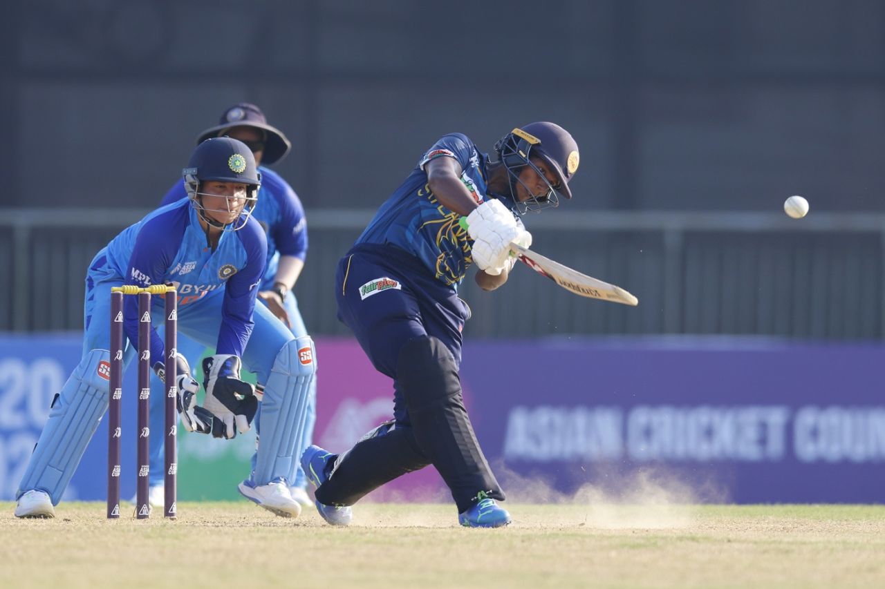 Hasini Perera belts one down the ground, India vs Sri Lanka, Women's Asia Cup, Sylhet, October 1, 2022