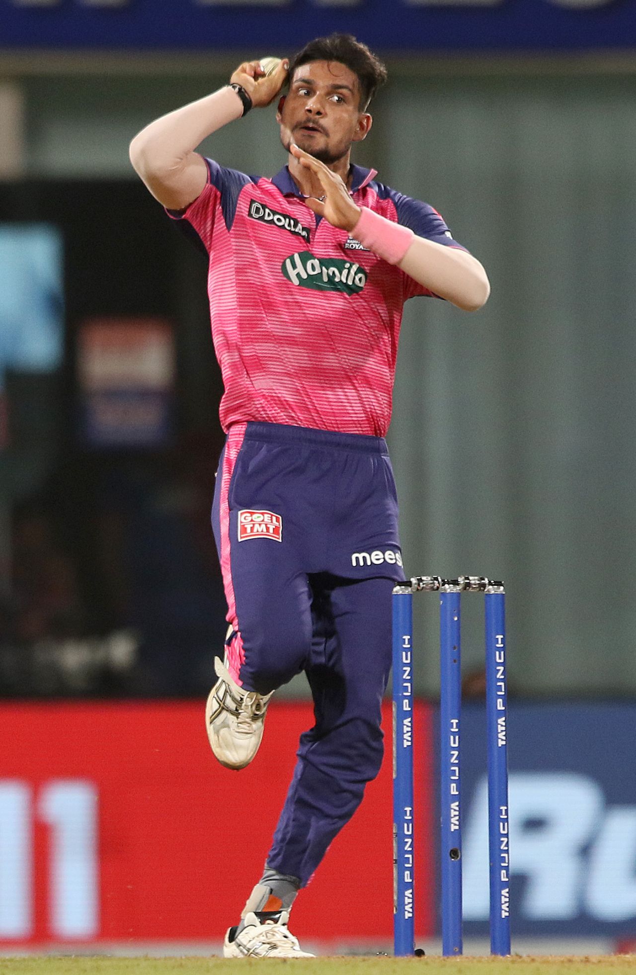 Kuldeep Sen bowls during Rajasthan Royals' match against Delhi Capitals, Navi Mumbai, May 11, 2022