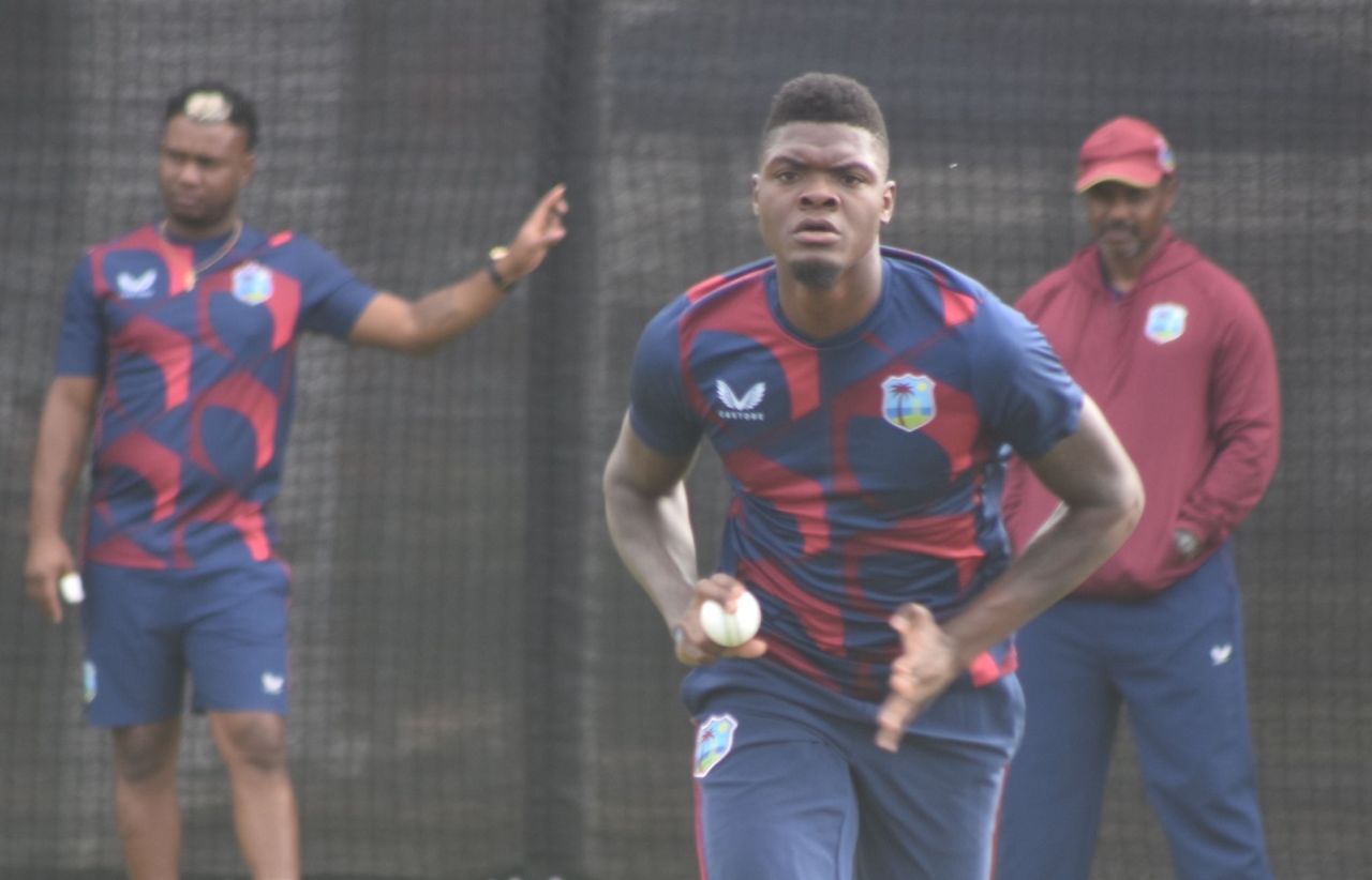 Alzarri Joseph runs into bowl at the nets, Carrara, October 4, 2022