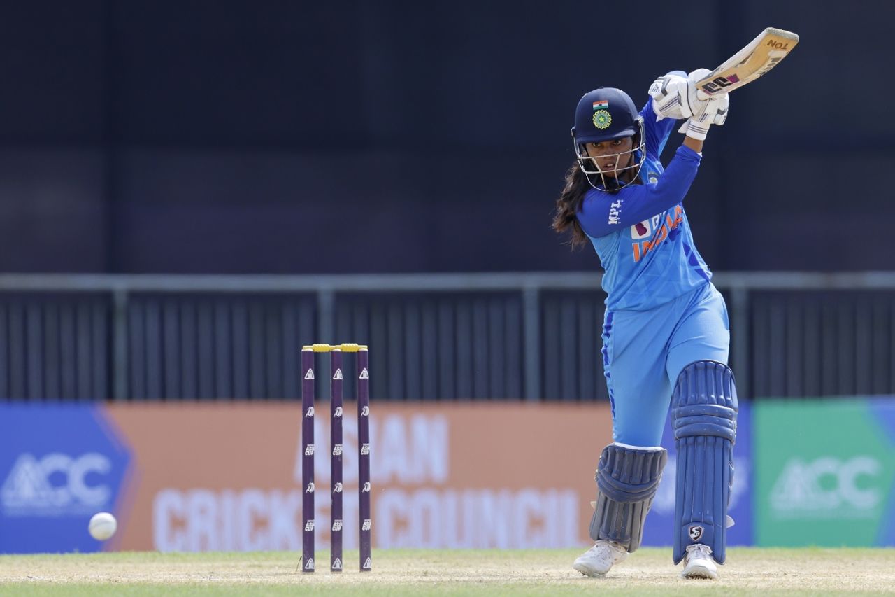 Sabbhineni Meghana carts one over covers, India v United Arab Emirates, Women's Asia Cup, Sylhet, October 4, 2022