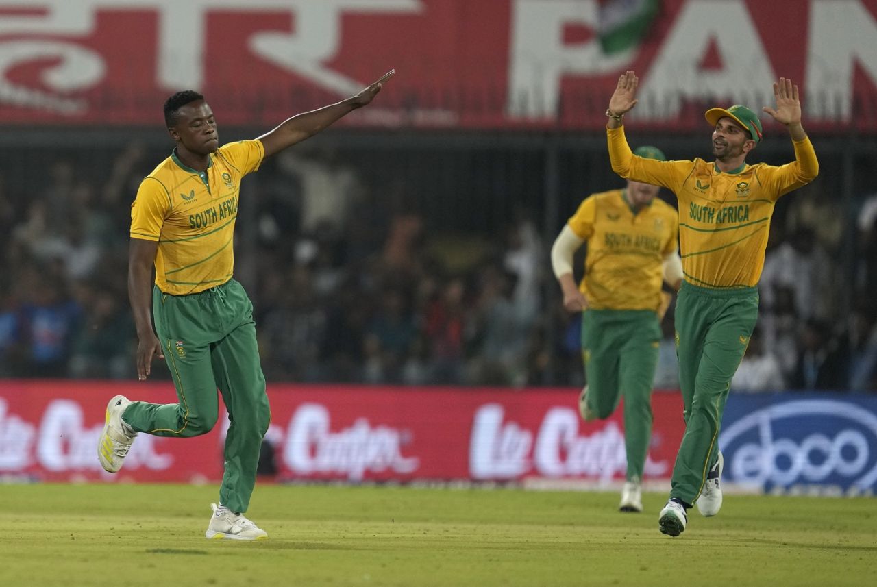 Kagiso Rabada wheels off in celebration after sending back Rohit Sharma second ball, India vs South Africa, 3rd T20I, Indore, October 4, 2022
