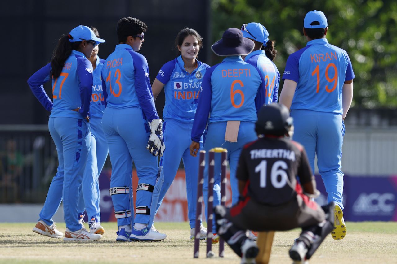 The Indian players celebrate the dismissal of Theertha Satish, India vs UAE, Women's Asia Cup, Sylhet, October 4, 2022