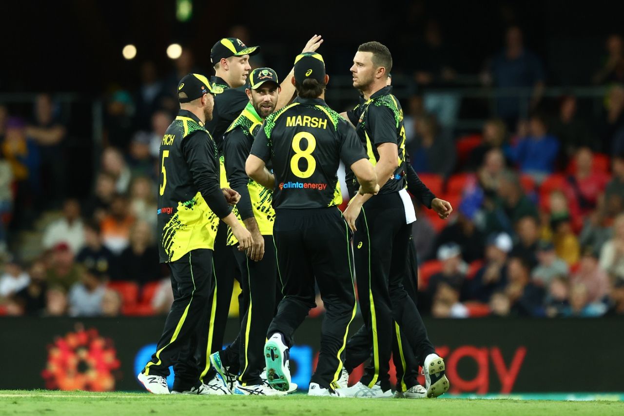 Josh Hazlewood is congratulated by his team-mates, Australia vs West Indies, 1st T20I, Carrara, October 5, 2022