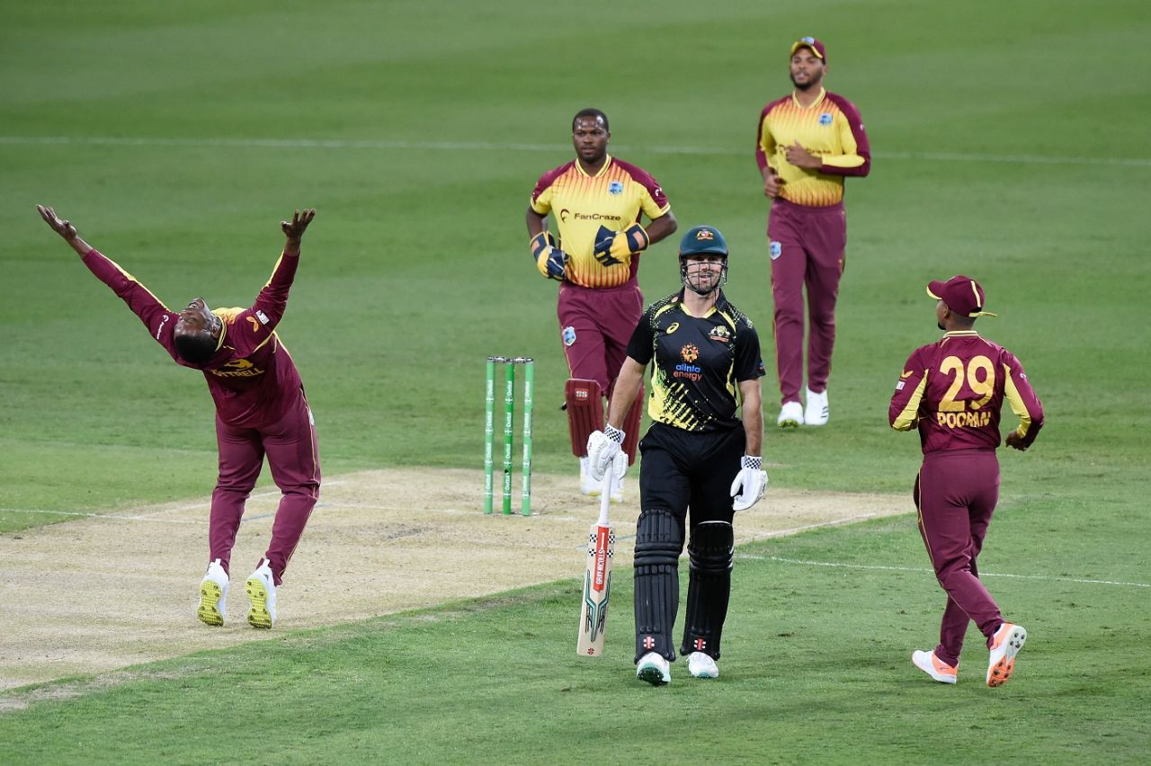 Sheldon Cottrell celebrates after dismissing Mitchell Marsh, Australia vs West Indies, 1st T20I, Carrara, October 5, 2022