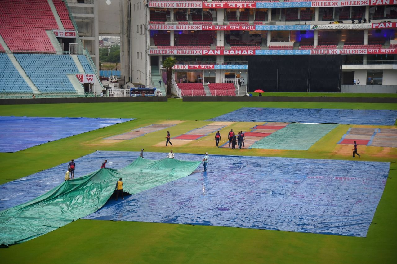 Rain kept the groundstaff busy on the eve of the ODI series opener between India and South Africa, Lucknow, October 5, 2022