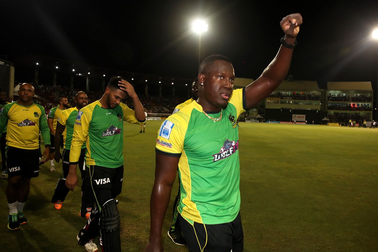 Rovman Powell raises a fist as Jamaica take a victory lap around the ground, Barbados Royals vs Jamaica Tallawahs, CPL 2022 final, Providence, September 30, 2022