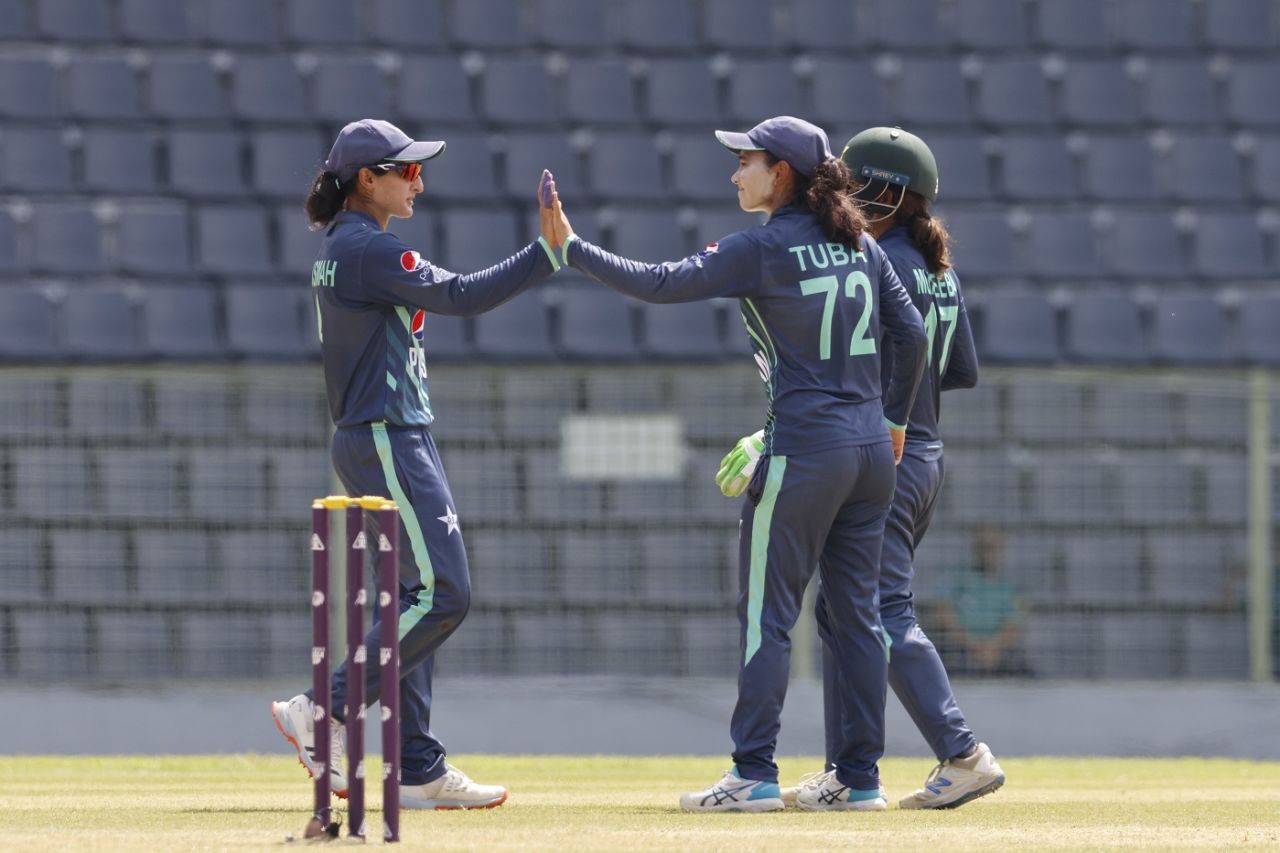 Tuba Hassan and Bismah Maroof celebrate a wicket, Pakistan v Thailand, Women's Asia Cup 2022, Sylhet, October 6, 2022