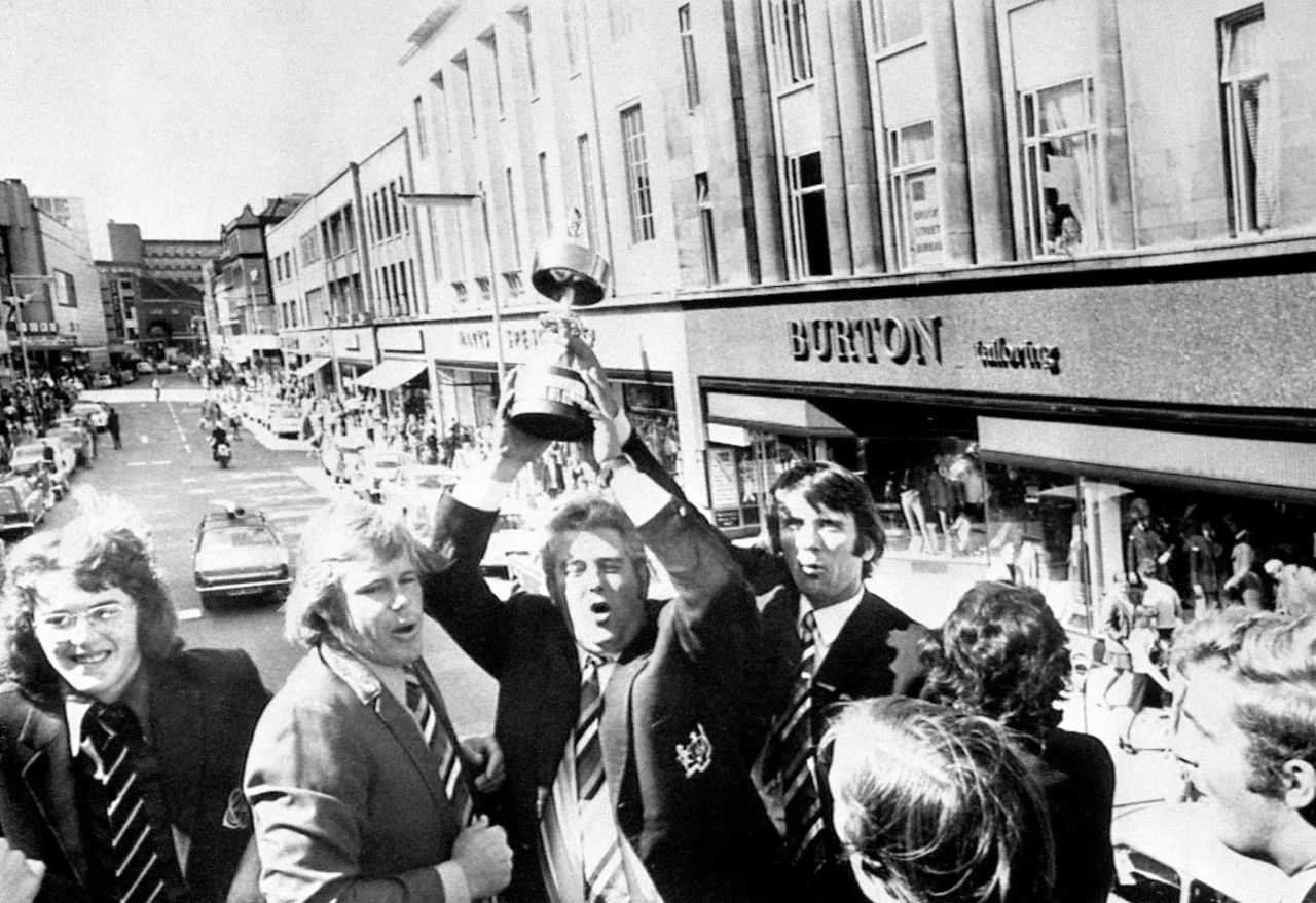 James Float, Mike Procter, David Shepherd, Tony Brown and Roger Knight celebrate Gloucestershire's Gilette Cup win on an open top bus through the streets of Bristol, September 04, 1973