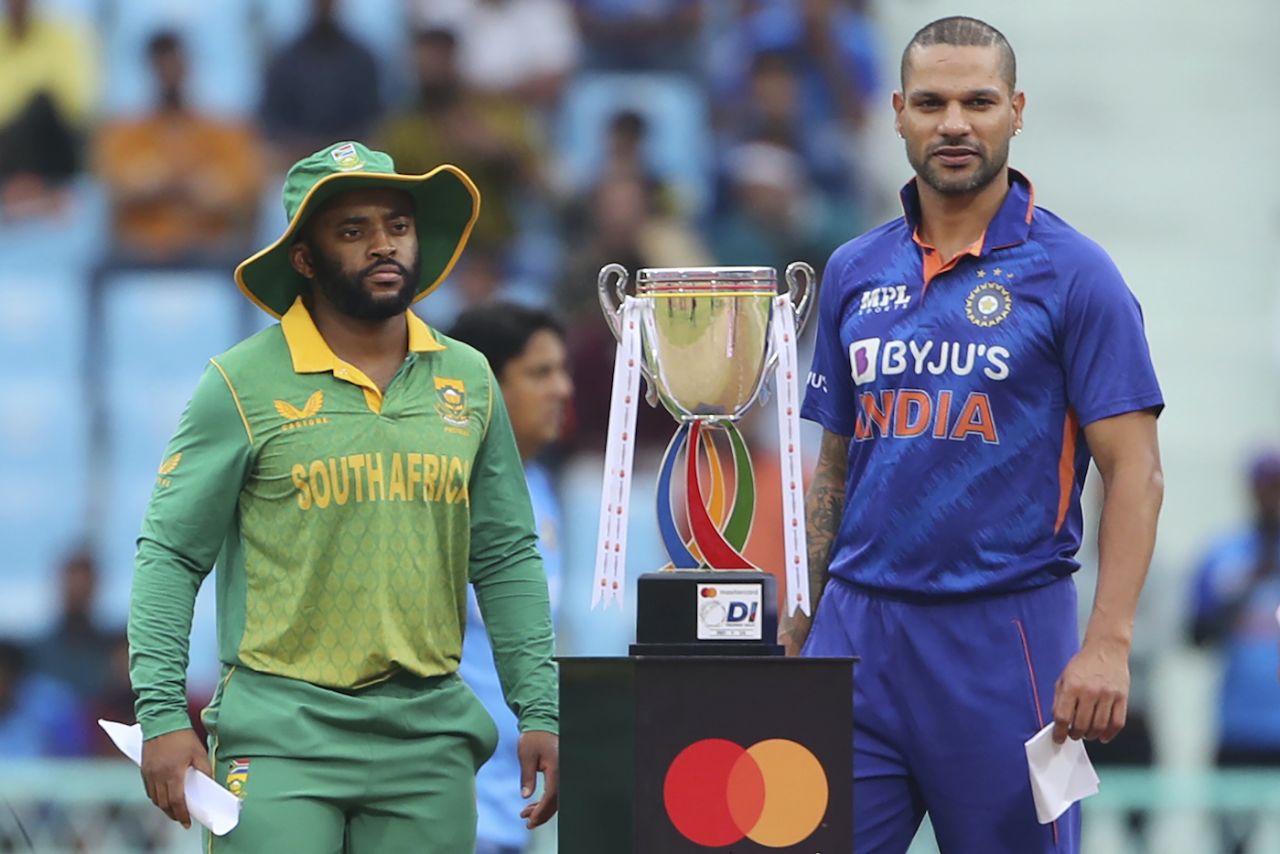 Shikhar Dhawan and Temba Bavuma pose alongside the trophy, India vs South Africa, 1st ODI, Lucknow, October 06, 2022