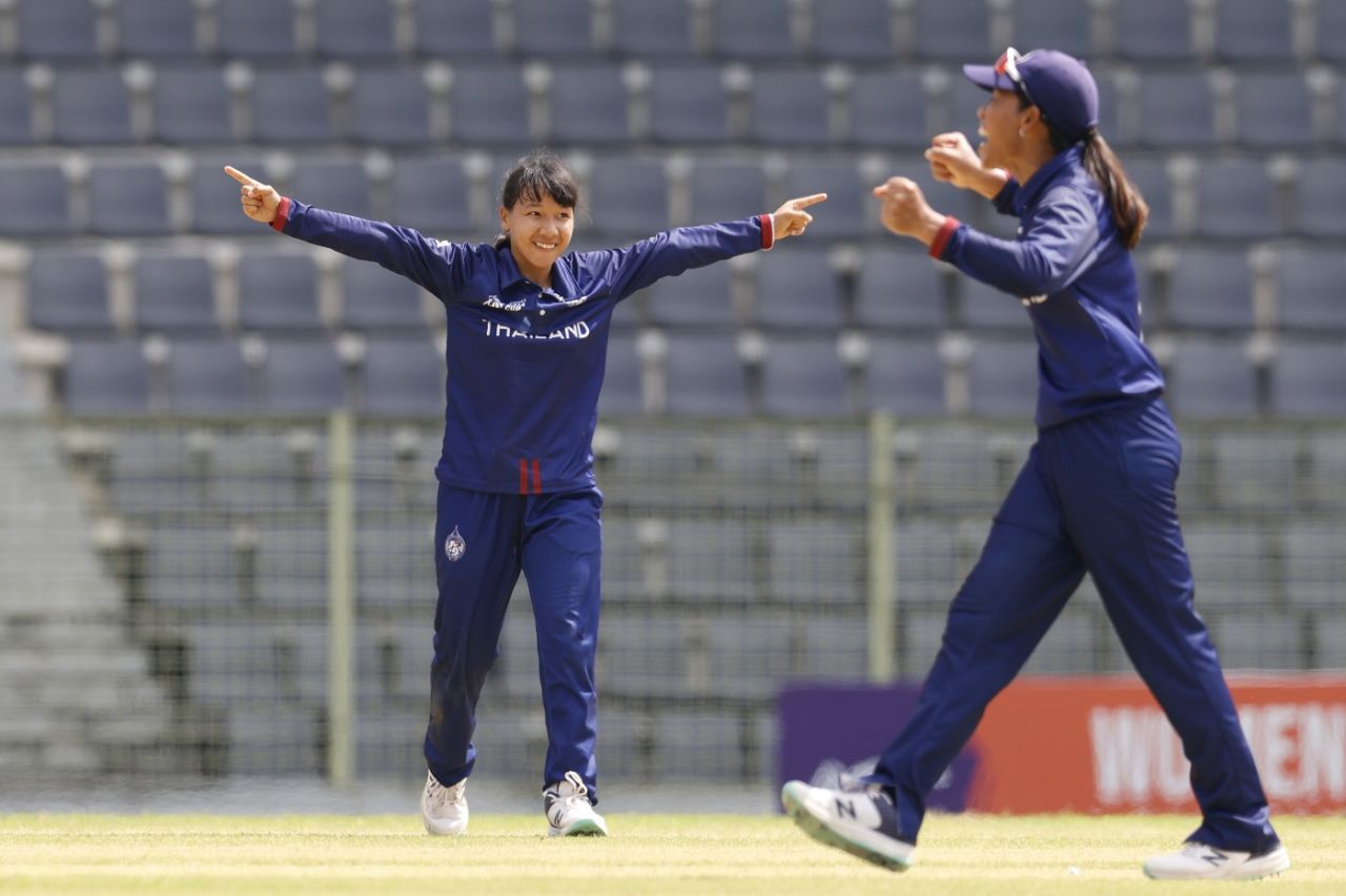 Phannita Maya celebrates the wicket of Esha Oza, Thailand vs UAE, Sylhet, Women's T20 Asia Cup, October 7, 2022