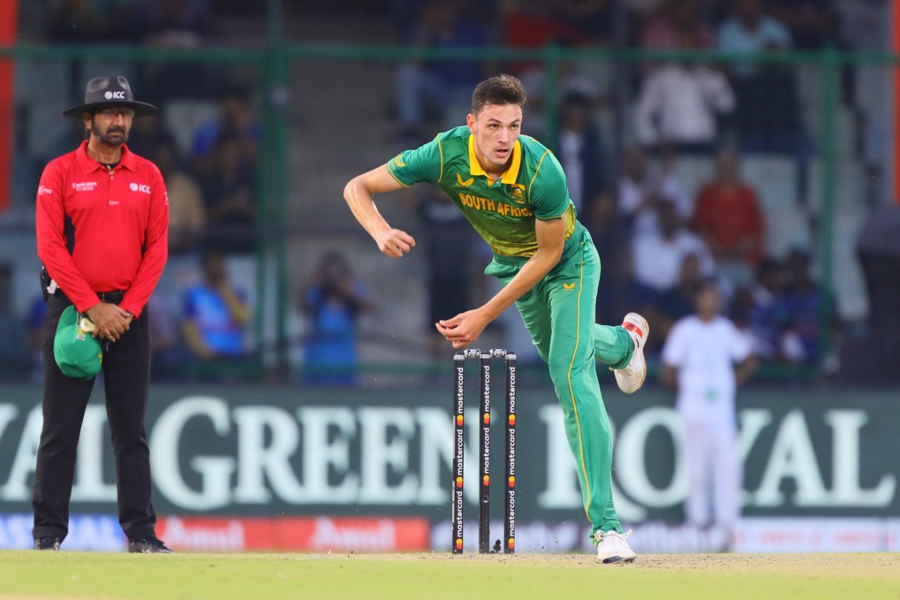 Marco Jansen in his follow-through, India vs South Africa, 3rd ODI, Delhi, October 11, 2022