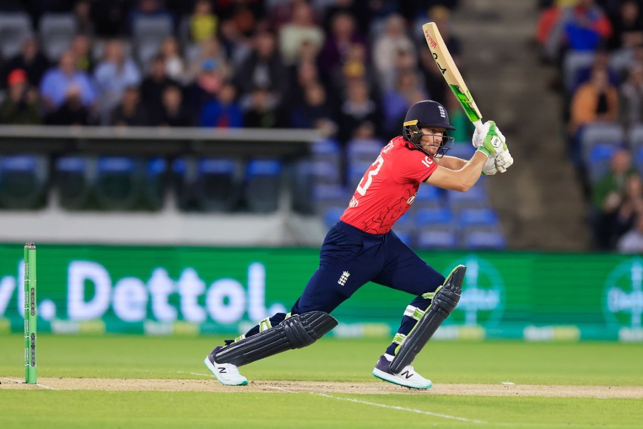 Jos Buttler drives through the covers in Canberra, Australia vs England, 2nd T20I, Canberra, October 12, 2022