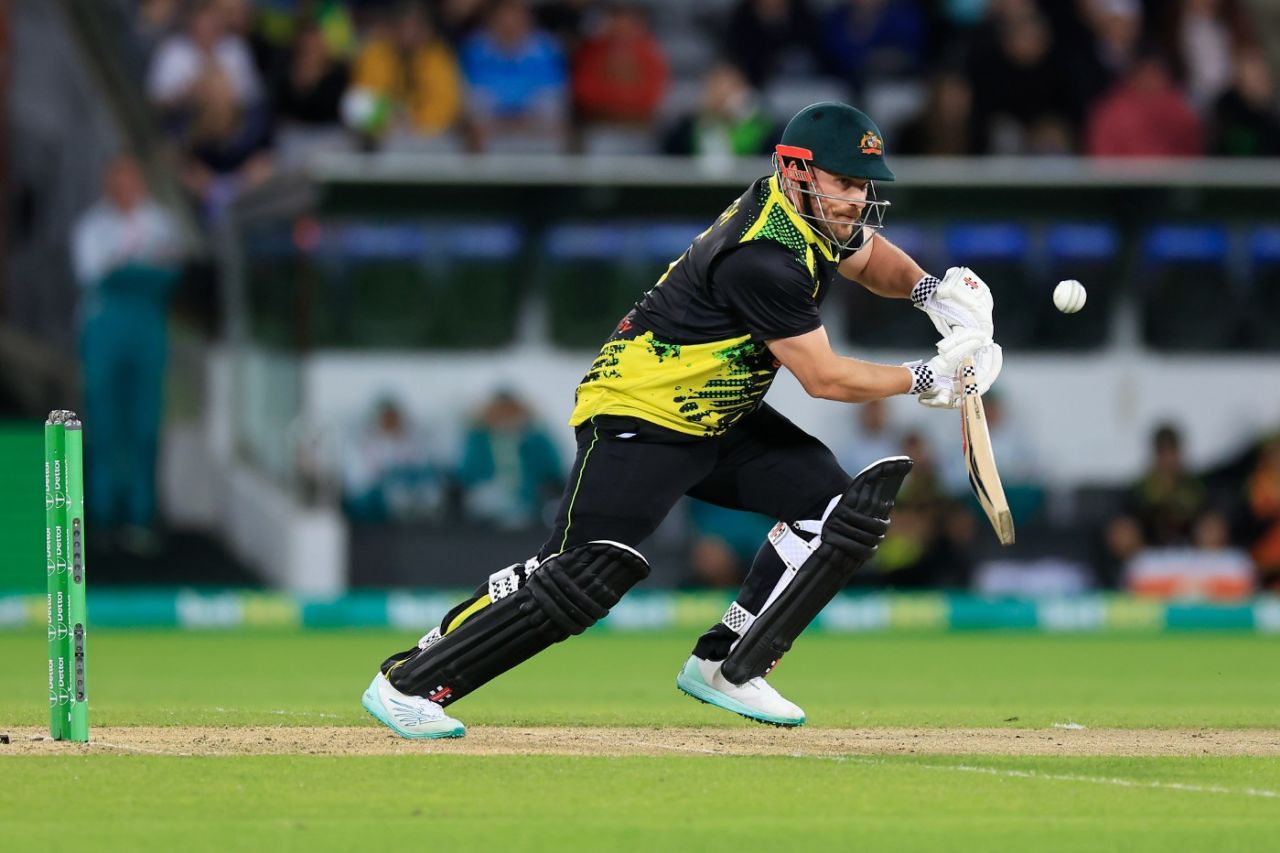 Aaron Finch drives during Australia's run-chase, Australia vs England, 2nd T20I, Canberra, October 12, 2022