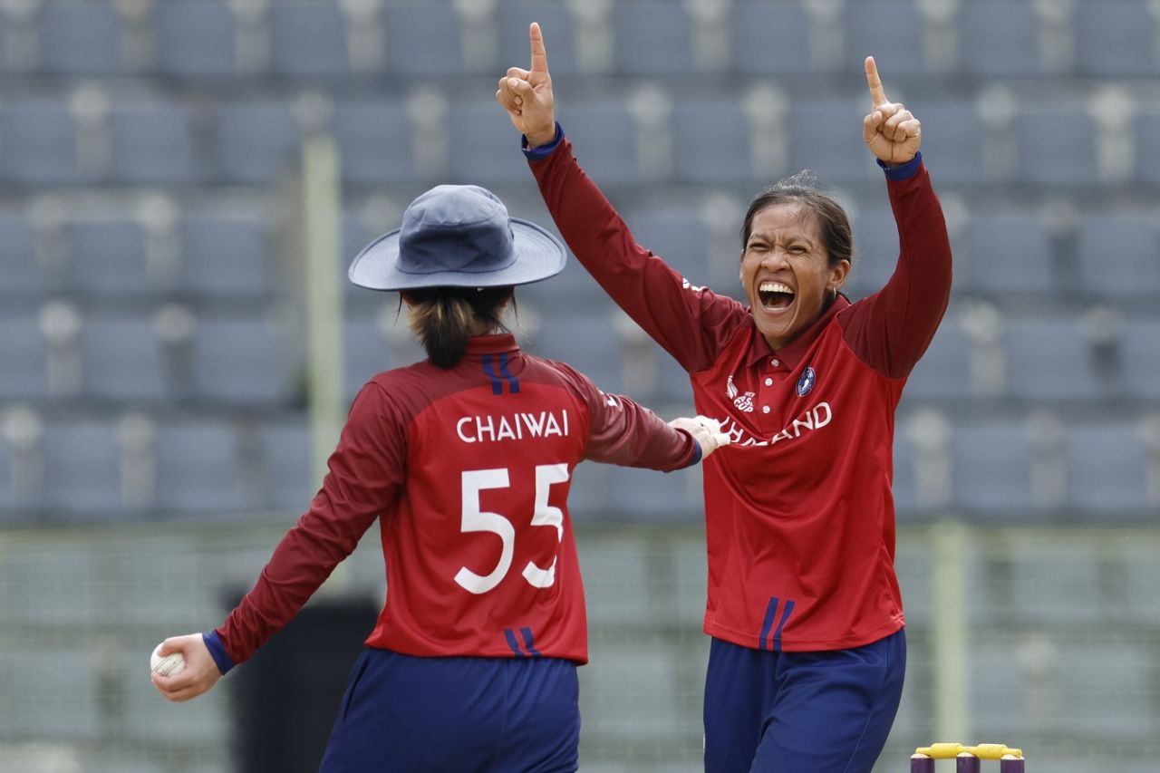 Sornnarin Tippoch is all smiles after getting rid of Shafali Verma, India vs Thailand, 1st semi-final, Women's T20 Asia Cup, Sylhet, October 13, 2022