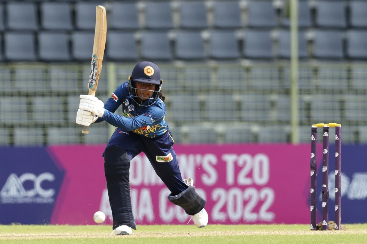 Harshitha Samarawickrama drives one through the off side, Pakistan vs Sri Lanka, 2nd semi-final, Women's T20 Asia Cup, Sylhet, October 13, 2022