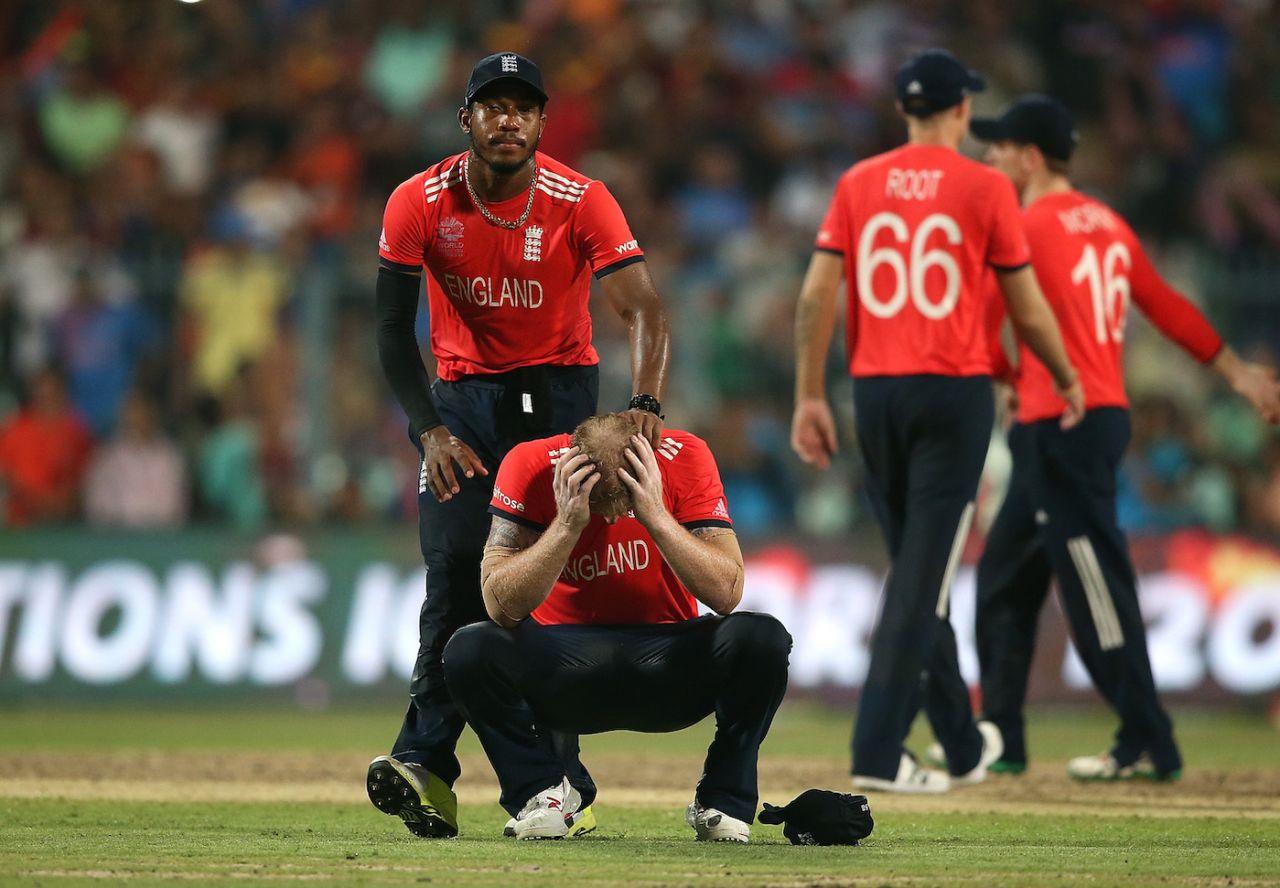 Chris Jordan consoles Ben Stokes, England v West Indies, World T20 final, Kolkata, April 3, 2016