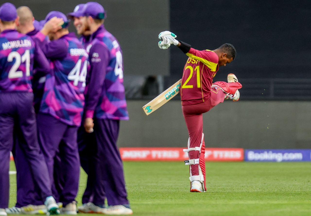 Akeal Hosein reacts after getting dismissed, Scotland vs West Indies, Men's T20 World Cup 2022, Hobart, October 17, 2022