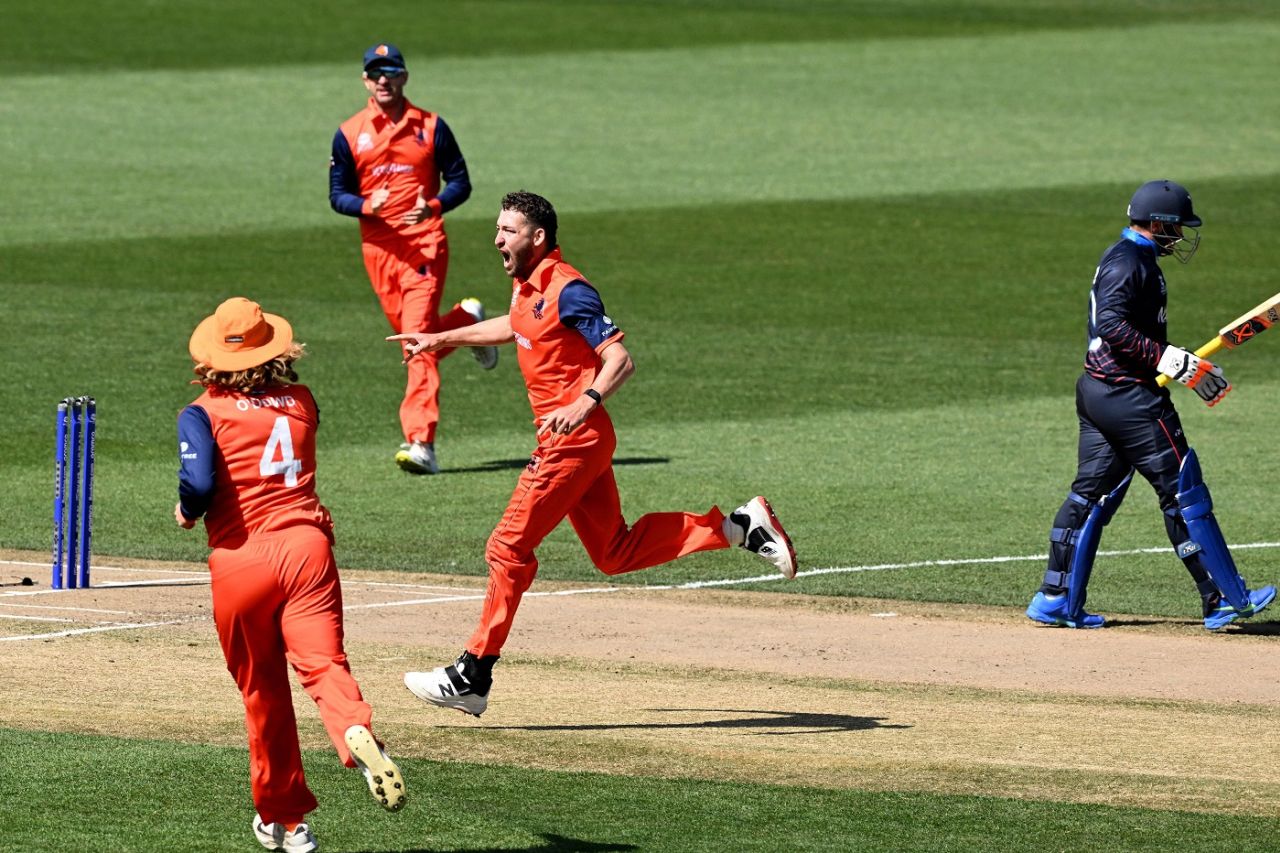 Paul van Meekeren celebrates the dismissal of Jan Nicol Loftie-Eaton, Namibia vs Netherlands, T20 World Cup, First Round, Geelong, October 18, 2022