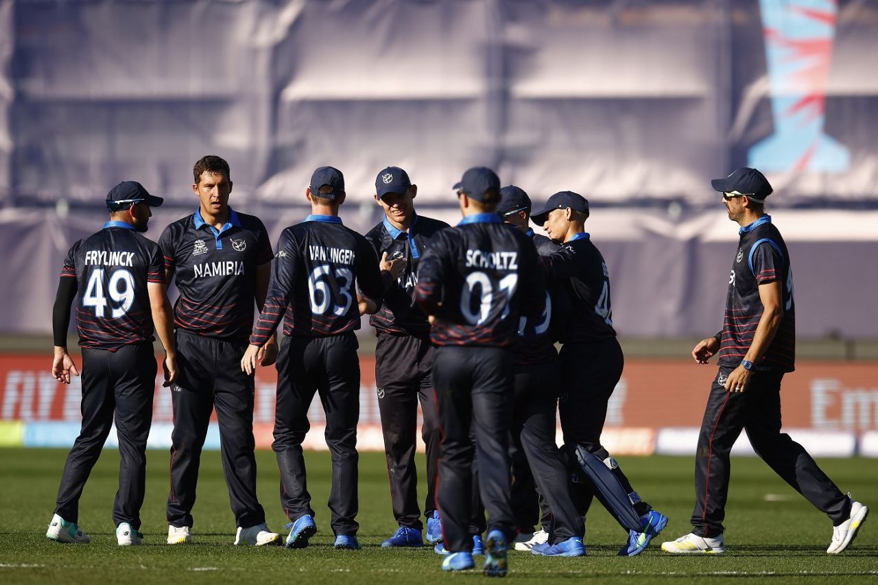 JJ Smit celebrates with team-mates the wicket of Tom Cooper, Namibia vs Netherlands, T20 World Cup 2022, First Round, Geelong, October 18, 2022