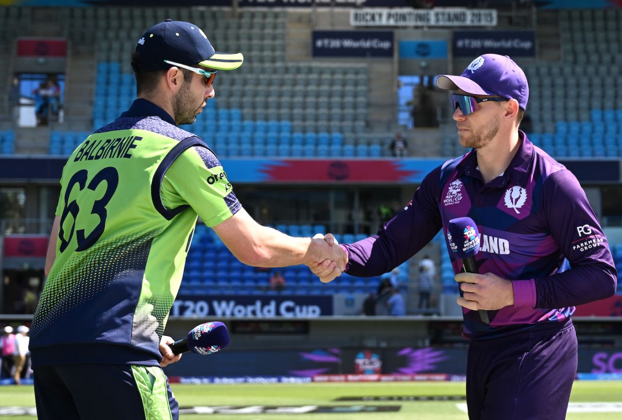 Andy Balbirnie and Richie Berrington shake hands at the toss, Ireland vs Scotland, Group B, T20 World Cup, Hobart, October 19, 2022