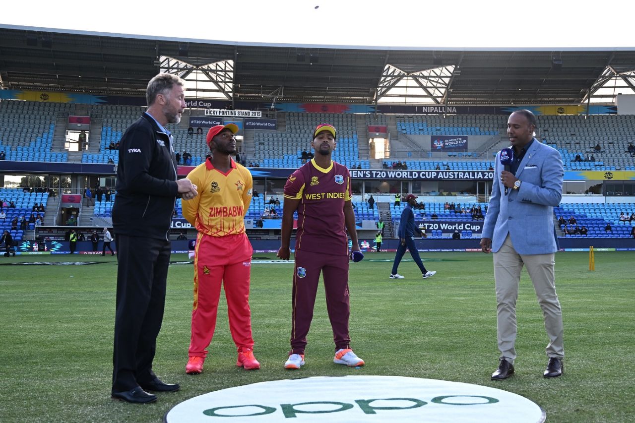 Regis Chakabva and Nicholas Pooran at the toss, West Indies vs Zimbabwe, Men's T20 World Cup 2022, Hobart, October 19, 2022